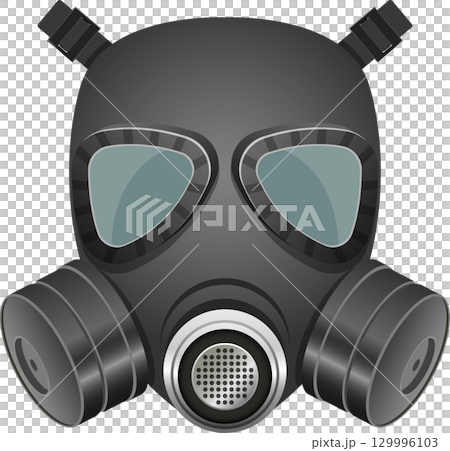 Illustration of a dark gray full-face gas mask, designed to protect against harmful substances. Illustration of a dark gray full-face gas mask, designed to protect against harmful substances. 129996103