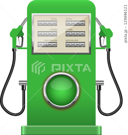 A green gas pump with two nozzles, displaying '0' for total, liters, and price. A green gas pump with two nozzles, displaying '0' for total, liters, and price. 129996121