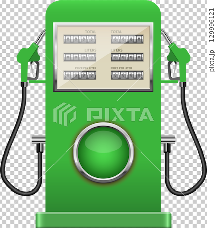 A green gas pump with two nozzles, displaying '0' for total, liters, and price. 129996121