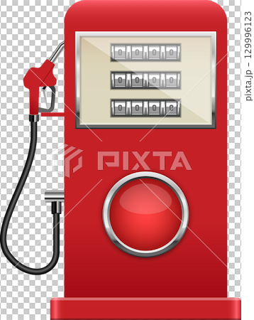 Retro style red fuel pump with fuel dispenser, numeric display, and classic design elements. 129996123