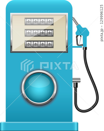 A blue gas pump with zeroed display, showcasing classic design with retro-futuristic elements. 129996125