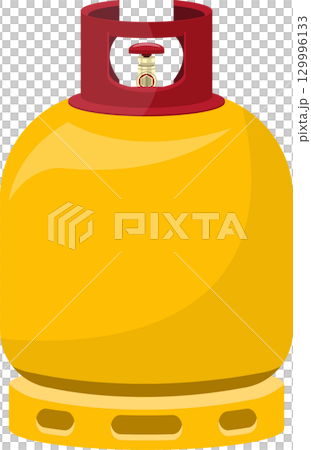 Illustration of a yellow propane tank with a red top and valve on a black background. 129996133