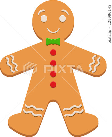 Gingerbread Man with decorative icing, features buttons, and a bow tie on a black background. 129996145