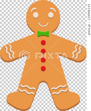 Gingerbread Man with decorative icing, features buttons, and a bow tie on a black background. 129996145