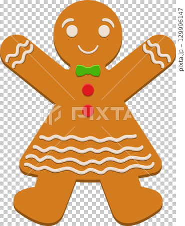 Festive gingerbread girl cookie illustration with holiday icing on arms and skirt detail. Festive gingerbread girl cookie illustration with holiday icing on arms and skirt detail. 129996147