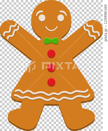 Festive gingerbread person with a smile, wearing a green bow tie and red buttons on brown cookie. Festive gingerbread person with a smile, wearing a green bow tie and red buttons on brown cookie. 129996160