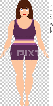 Stylized cartoon woman in purple athletic attire standing against a black background. 129996169
