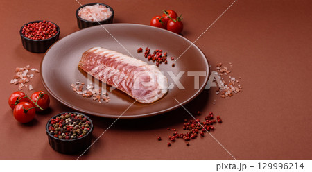 Sliced ham, meat, pork or turkey sausage for sandwiches. Ham slices, food 129996214