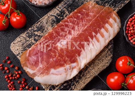Sliced ham, meat, pork or turkey sausage for sandwiches. Ham slices, food 129996223