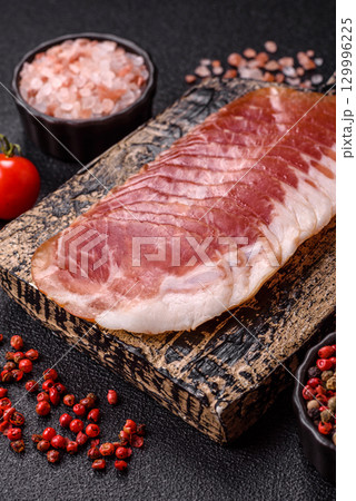 Sliced ham, meat, pork or turkey sausage for sandwiches. Ham slices, food 129996225