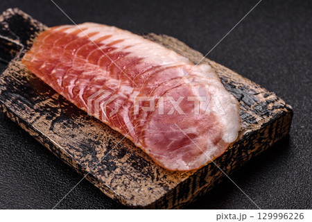 Sliced ham, meat, pork or turkey sausage for sandwiches. Ham slices, food 129996226