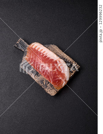 Sliced ham, meat, pork or turkey sausage for sandwiches. Ham slices, food 129996232