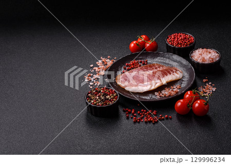 Sliced ham, meat, pork or turkey sausage for sandwiches. Ham slices, food 129996234