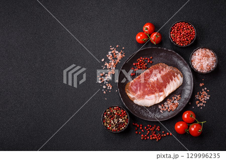 Sliced ham, meat, pork or turkey sausage for sandwiches. Ham slices, food 129996235