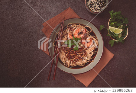 soba, buckwheat noodles, with shimeji mushrooms and tiger shrimps, homemade, no people, 129996268