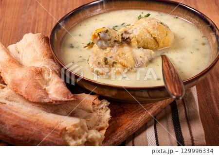 Chikhirtma chicken soup, Georgian dish, with lavash, top view, no people, 129996334