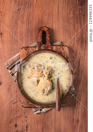 Chikhirtma chicken soup, Georgian dish, with lavash, top view, no people, 129996335
