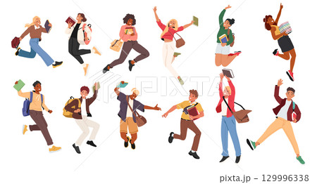 Joyful teenage student cartoon characters jumping in air rejoicing cheering having positive emotion 129996338