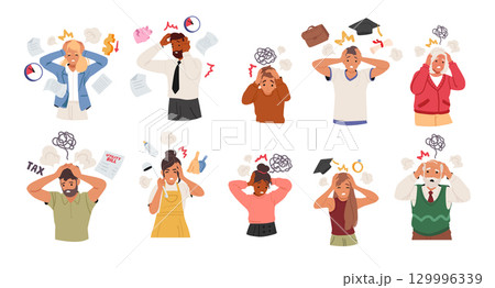 Chaos in head of scared people feeling frustration, exhaustion and confusion of heavy thoughts 129996339