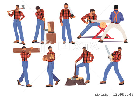 Male lumberjack cartoon characters using axes, saw, carrying firewood at work isolated set 129996343