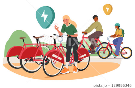 People applying for bicycle rental service by choosing ordered transport at parking lot using mobile 129996346
