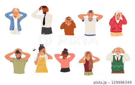 Diverse people cartoon characters touching head suffering from pain, tension and pressure set 129996349