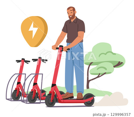 Man renting electric scooter to move at place of destination across city streets cartoon scene 129996357