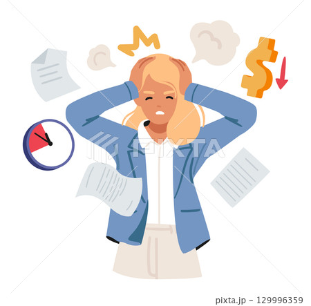 Young businesswoman holding head feeling chaos in thoughts due to unproductive time management 129996359