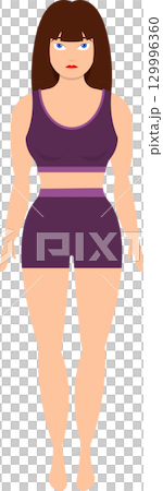 Cartoon woman in purple activewear set against a black background, full shot with blue eyes. Cartoon woman in purple activewear set against a black background, full shot with blue eyes. 129996360