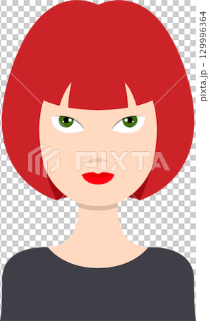 A woman with striking red hair and green eyes stares forward with a neutral expression. 129996364