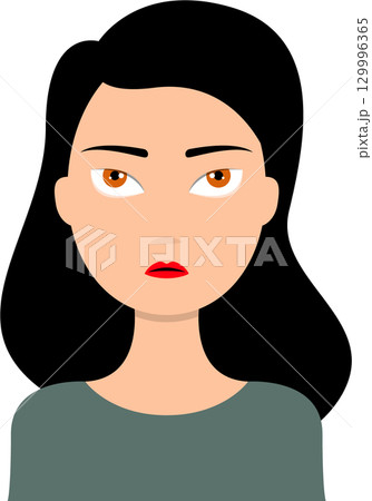 Illustration of a woman with tan skin, dark hair, and reddish-orange eyes looking forward. 129996365