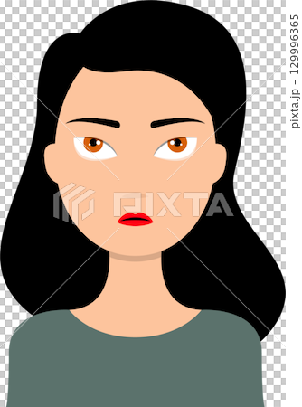 Illustration of a woman with tan skin, dark hair, and reddish-orange eyes looking forward. 129996365