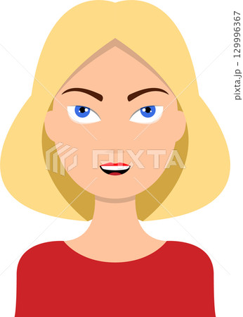 Illustrated portrait of a blond woman with blue eyes, wearing a red top on a black background. Illustrated portrait of a blond woman with blue eyes, wearing a red top on a black background. 129996367