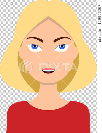 Illustrated portrait of a blond woman with blue eyes, wearing a red top on a black background. Illustrated portrait of a blond woman with blue eyes, wearing a red top on a black background. 129996367
