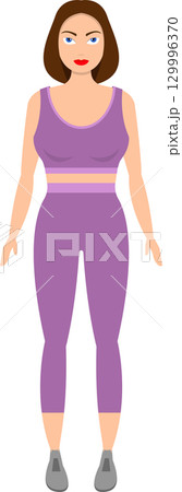 A woman is wearing a purple top and leggings with grey shoes, prepared for exercise or sport. A woman is wearing a purple top and leggings with grey shoes, prepared for exercise or sport. 129996370