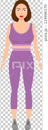 A woman is wearing a purple top and leggings with grey shoes, prepared for exercise or sport. A woman is wearing a purple top and leggings with grey shoes, prepared for exercise or sport. 129996370
