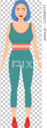 A cartoon woman in a green sports bra and leggings with blue hair poses against black background. 129996371