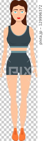 Illustration of a woman with brown hair, blue eyes, and a fitness outfit against a black backdrop. 129996372