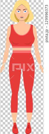 Illustration of a blonde woman with blue eyes in a red workout outfit against a black background. 129996373