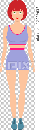 Stylized Woman: A cartoon-style depiction of a woman with a red bob haircut, wearing a blue outfit. 129996374