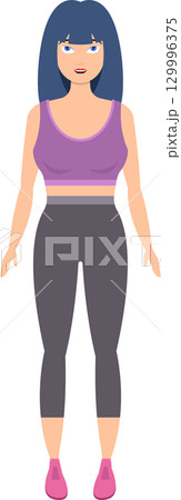 Woman wearing sportswear including a purple tank top and grey leggings.  Healthy lifestyle. 129996375