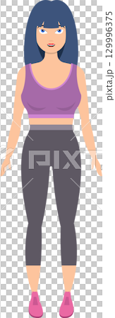 Woman wearing sportswear including a purple tank top and grey leggings.  Healthy lifestyle. 129996375