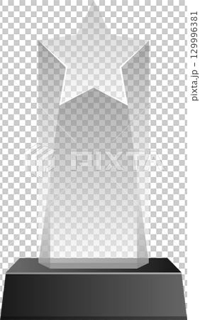 Elegant grey star-shaped award trophy with simple base on black background. Symbol of success. 129996381