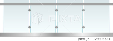 Modern glass railing with metal supports and horizontal bar against a gradient blue backdrop 129996384