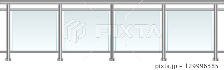 Sleek silver railing with blue-tinted panels provides modern safety and architectural detail. 129996385