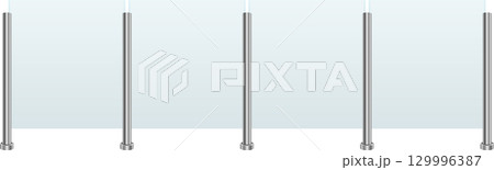 A symmetrical arrangement of six chrome posts, each standing upright against a blue backdrop. 129996387