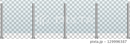 A symmetrical arrangement of six chrome posts, each standing upright against a blue backdrop. 129996387