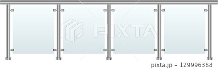 Modern railing with glass panels and metallic supports, offering safety and unobstructed views. 129996388