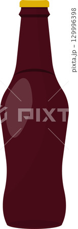 A burgundy glass bottle with a rounded body and a gold cap, viewed from a centered position. 129996398