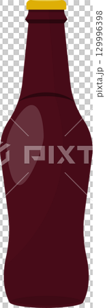 A burgundy glass bottle with a rounded body and a gold cap, viewed from a centered position. 129996398